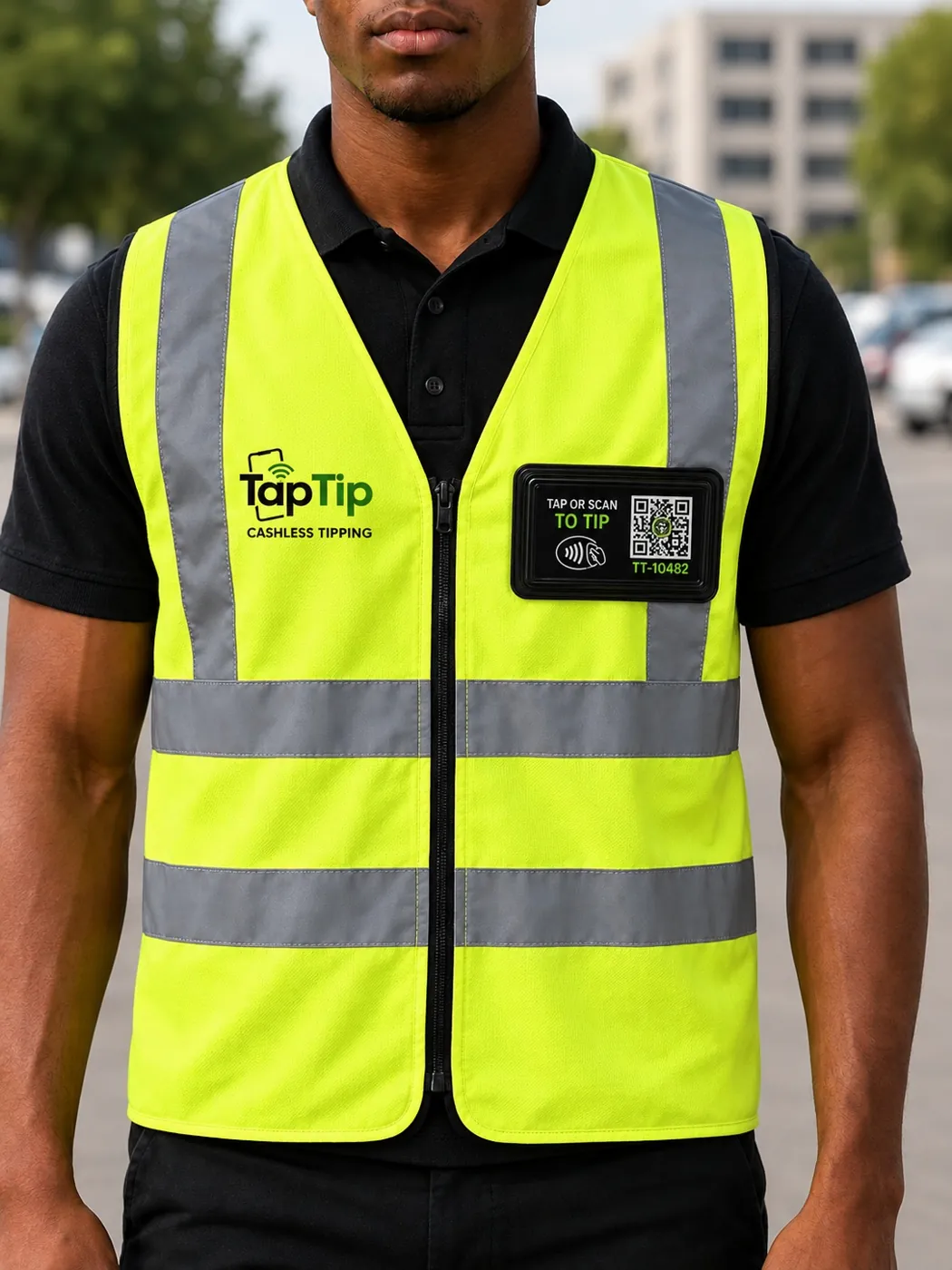 Car guard wearing a TapTip hi-vis vest with a glowing NFC tap badge