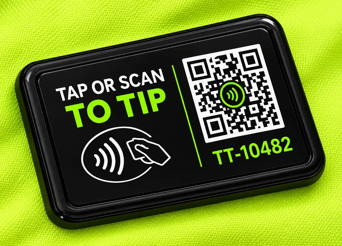 A patron tapping their phone against a TapTip attendant's badge to leave a tip