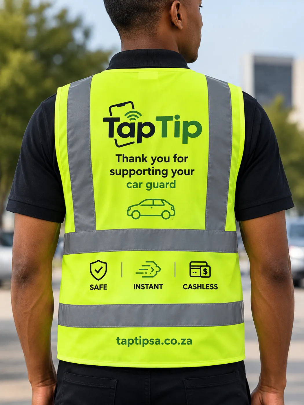 Back view of the TapTip hi-vis vest with reflective branding