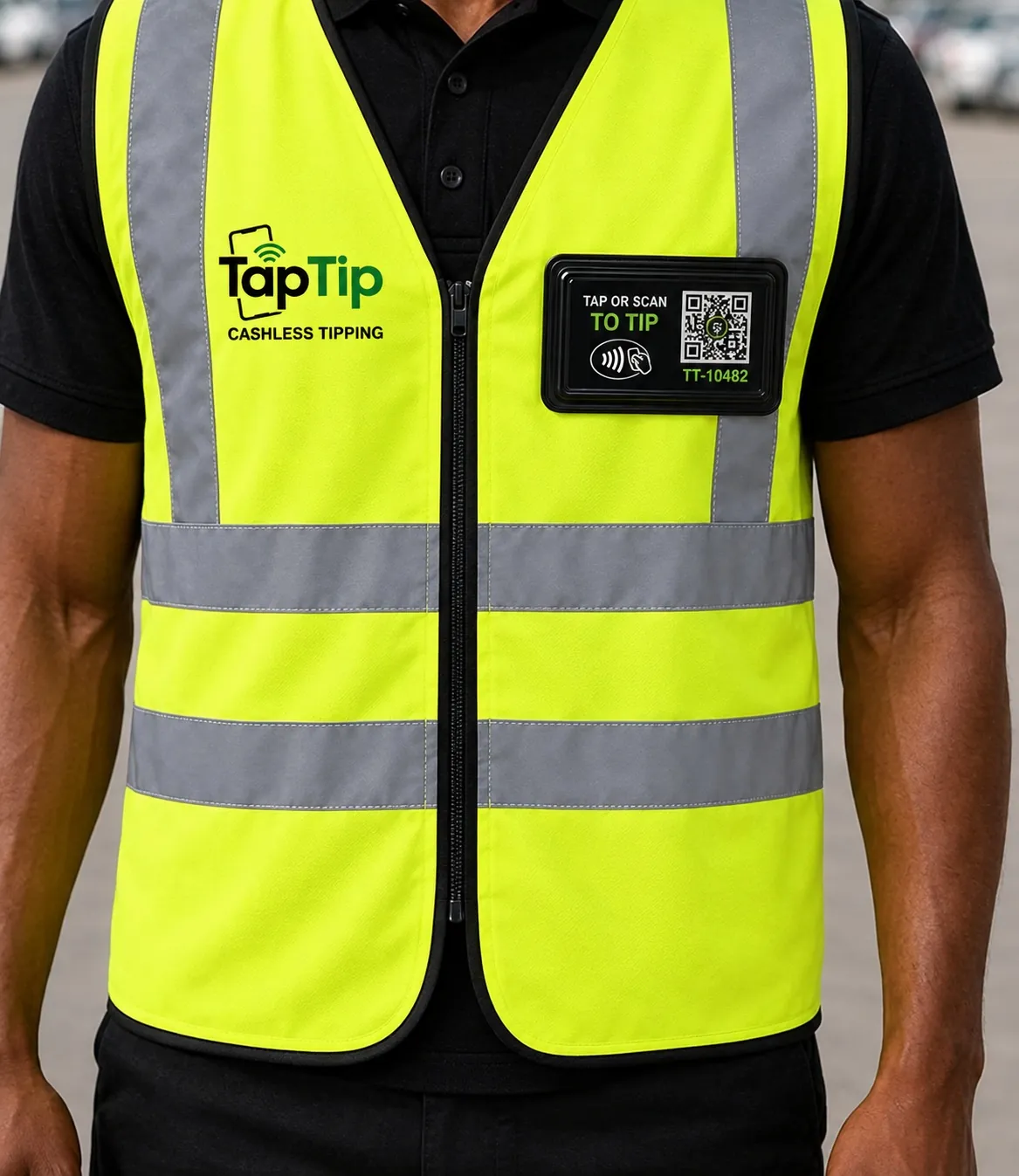 Front view of the TapTip hi-vis vest and payment badge